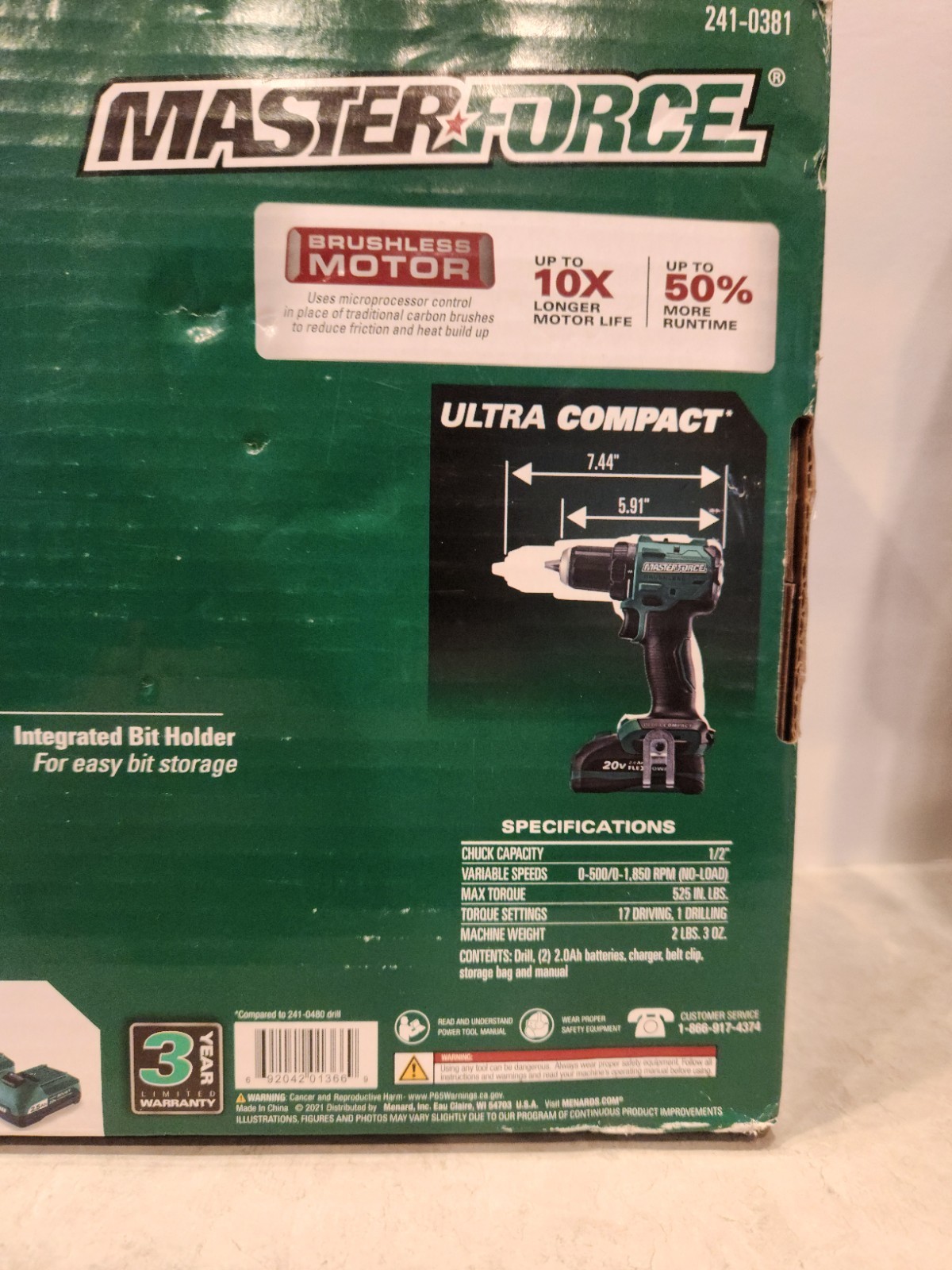 Genuine Masterforce 241-0381 20V Brushless 1/2&Prime;UltraCompact Drill/Driver Kit New