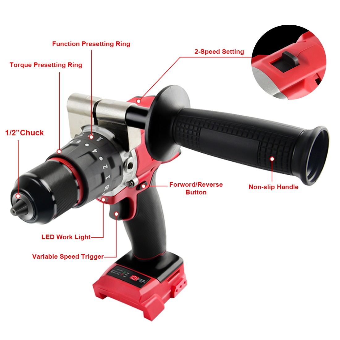 1/2&Prime; Keyless Chuck Brushless Hammer Drill for Milwaukee M18 Battery