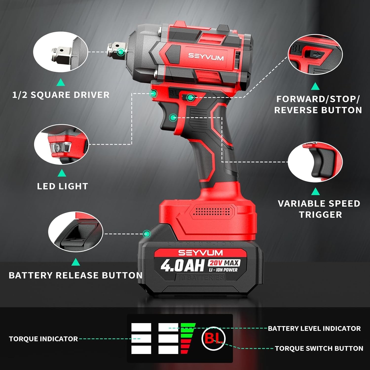 Powerful 20V Cordless Impact Gun 440 Ft-lbs Torque & LED Light for Professionals