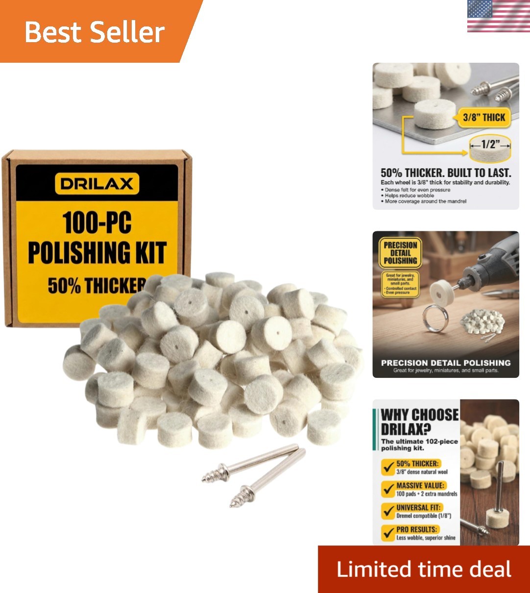 Superior 100 Pc Felt Buffing Wheel Set – Thick Mandrels for Professional Finish