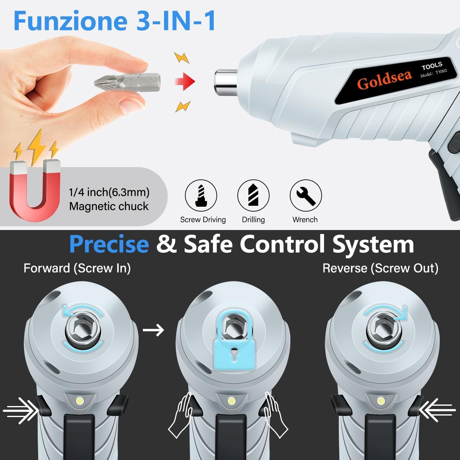 Electric Manual Screwdriver with Forward/Reverse Switch & 60 Min Battery Life