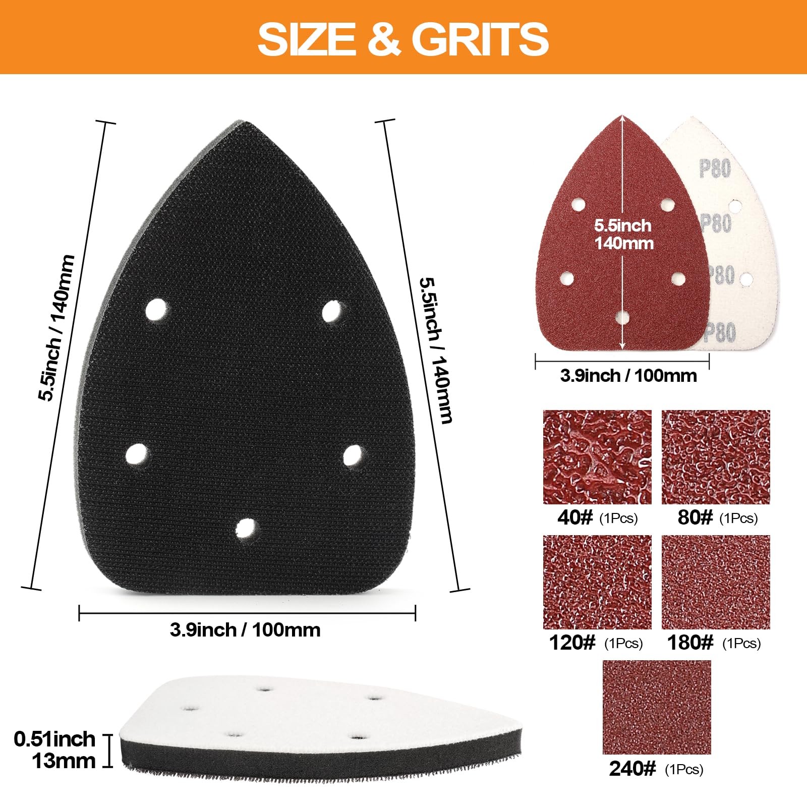 POLIWELL 5 Pack Mouse Sanding 3 x 3 inches, white, black, brown, red