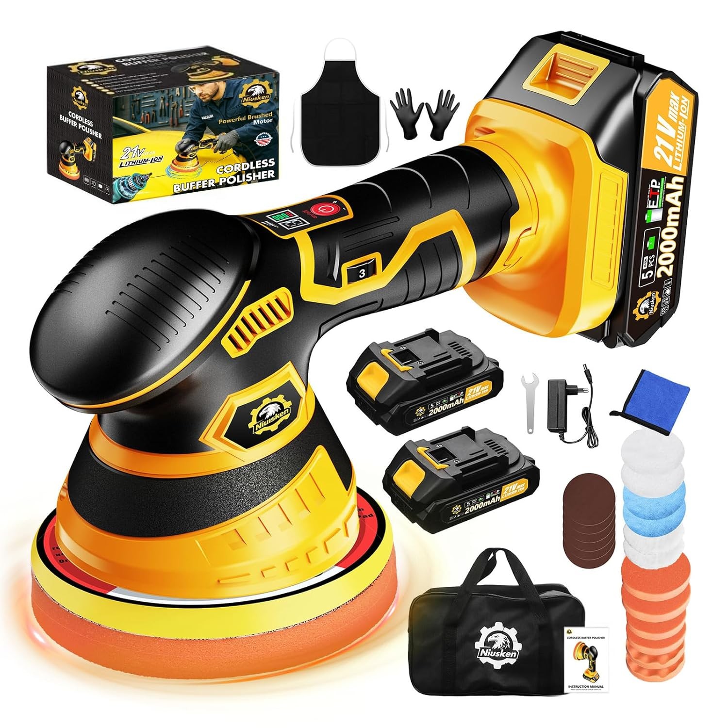 Cordless Car Buffer Polisher Kit 21V Yellow DA Polisher 2x Batteries Included