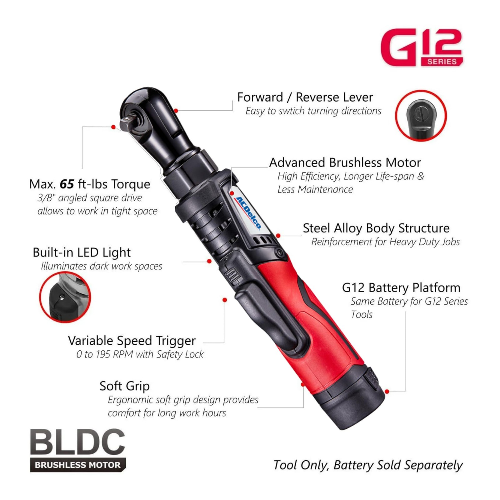 ACDelco ARW12103-K1 G12 Series 12V Cordless Li-ion 3/8” Brushless Ratchet Wre…