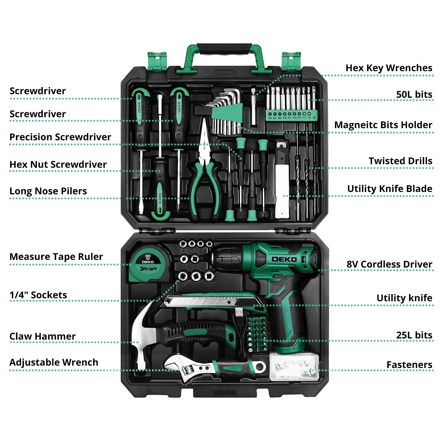 DEKOPRO 126-Piece Tool Kit 8V Cordless Drill Set Green Home Repair Toolbox