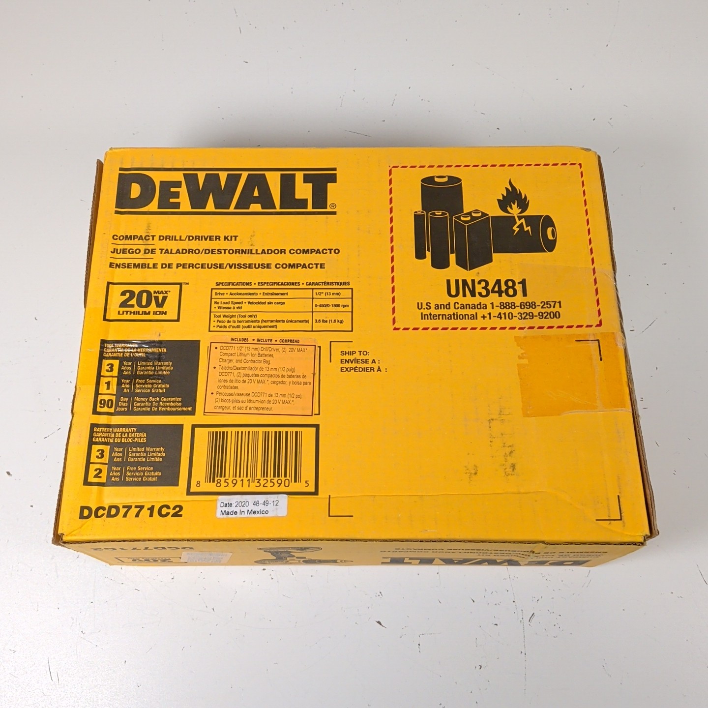 DEWALT DCD771C2 20V MAX Cordless 1/2&Prime; Drill Driver Kit 2 Li-Ion Batteries Charer