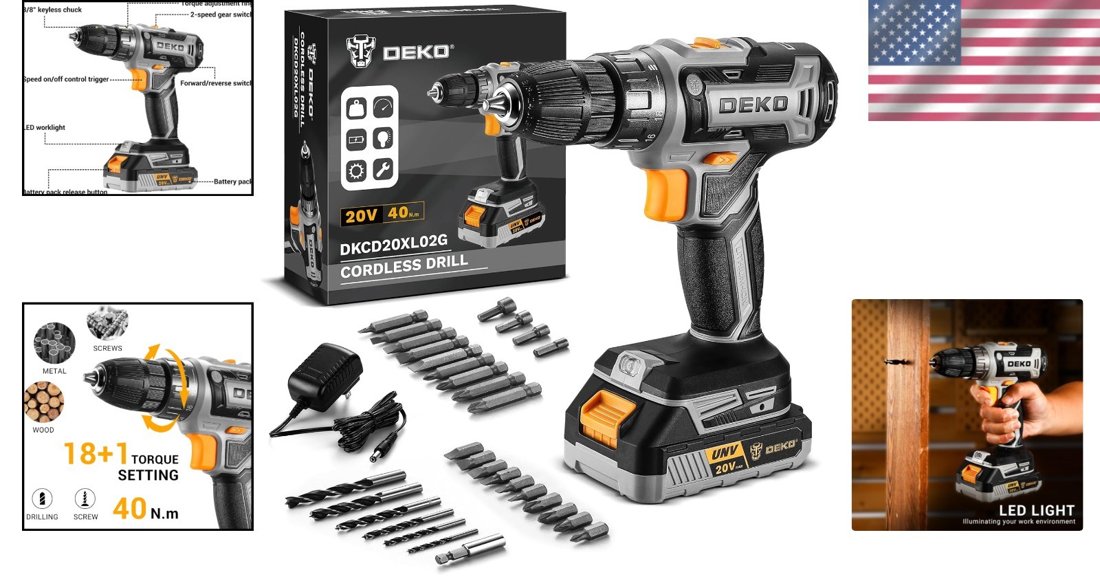 Versatile 20V Cordless Drill Kit with Rechargeable Battery & Drill Bits Included