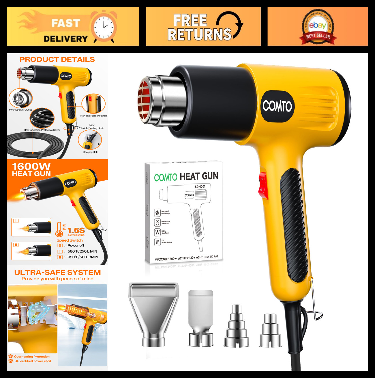 1600W Heat Gun with Dual Temperature Control, 4 Nozzles, Overheat Protection, Li