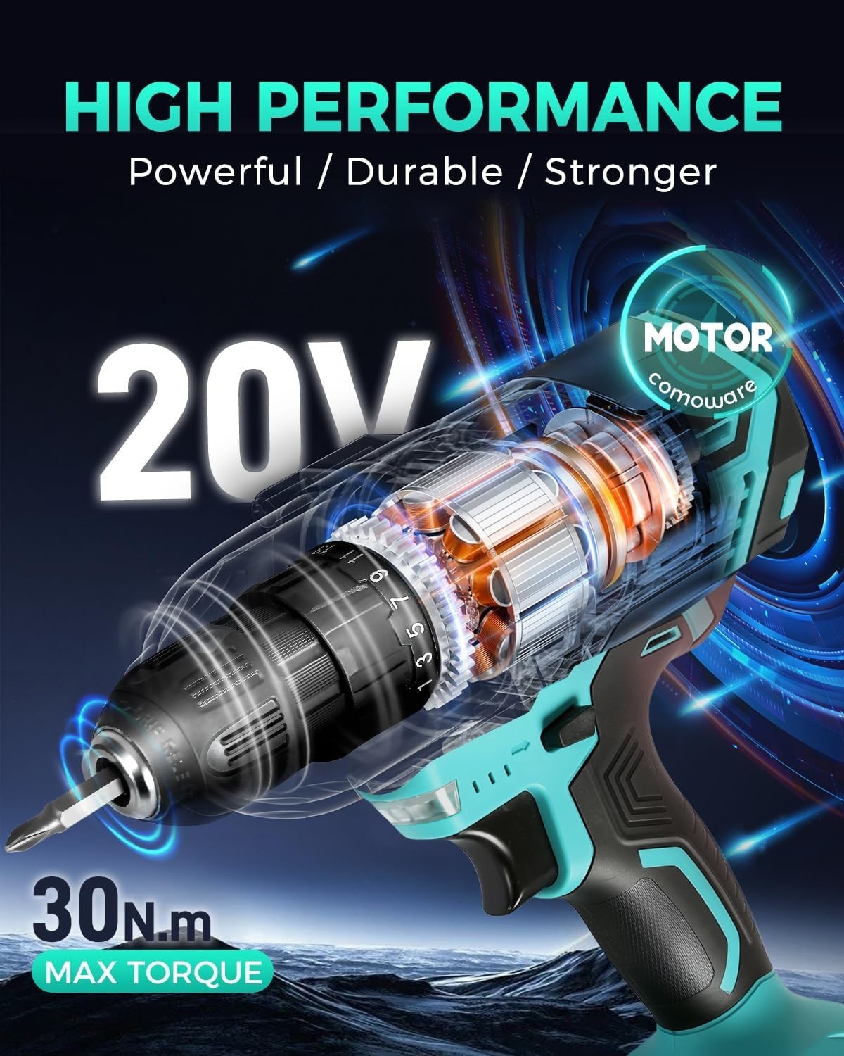 High Torque 266 In-lb Cordless Drill with 2 Speeds & Keyless Chuck – 34 PCS Kit
