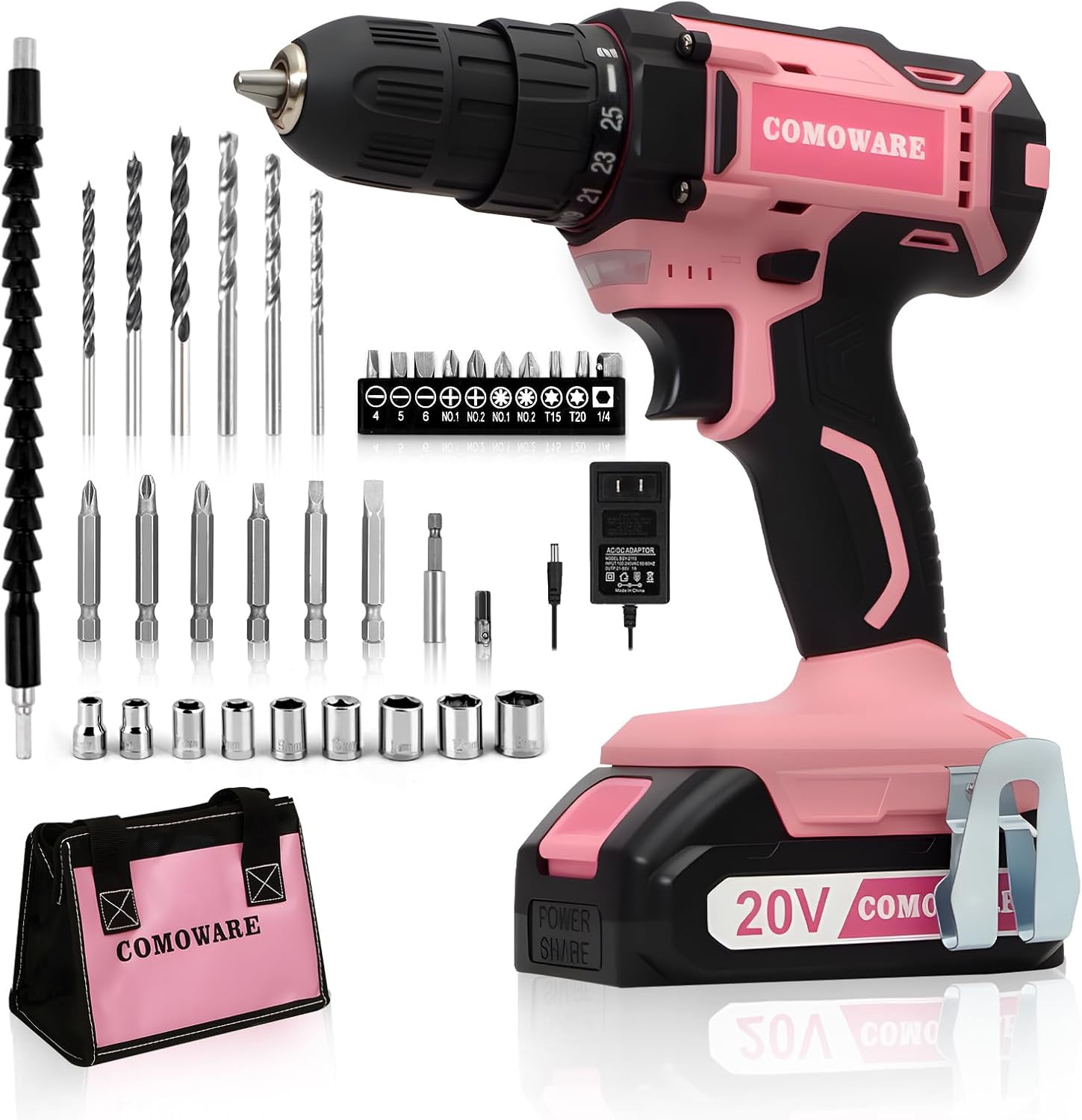 Cordless Drill Set, 20V Pink Power Drill Set for Women, 1 Battery & Charger, 3/8