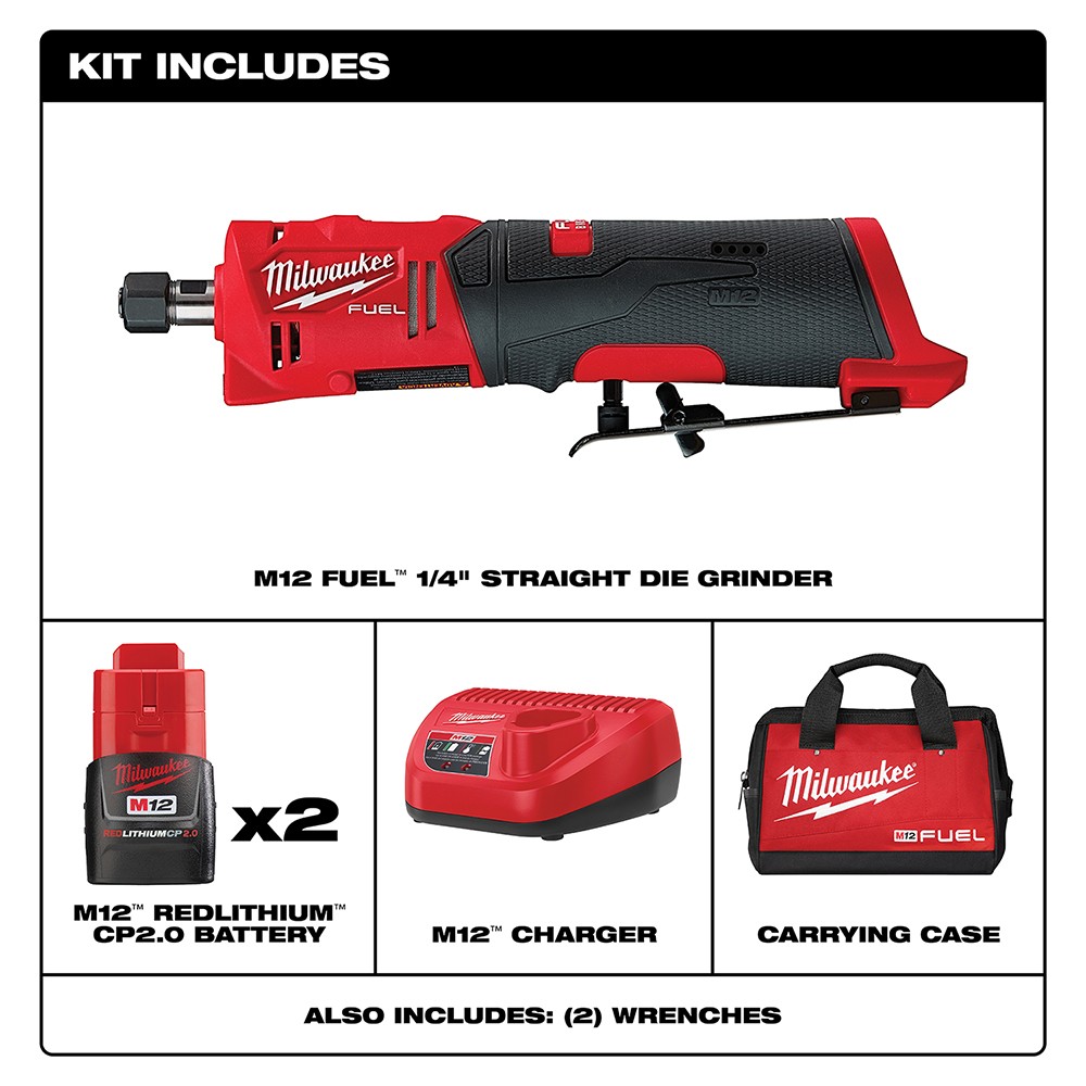 Milwaukee 2486-22 M12 FUEL Cordless Straight Die Grinder Kit with 2 Battery