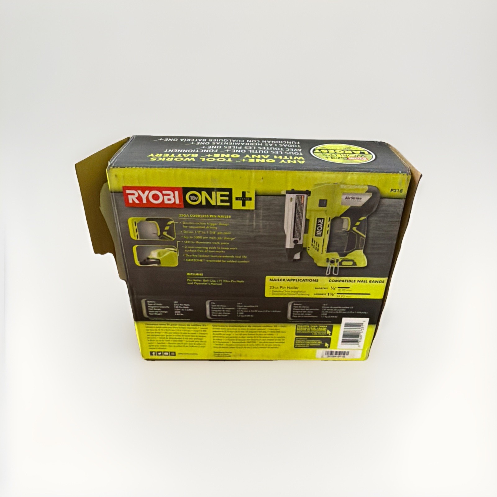 Ryobi P318 18-Volt ONE+ AirStrike 23-Gauge Cordless Pin Nailer (Tool Only) NOB