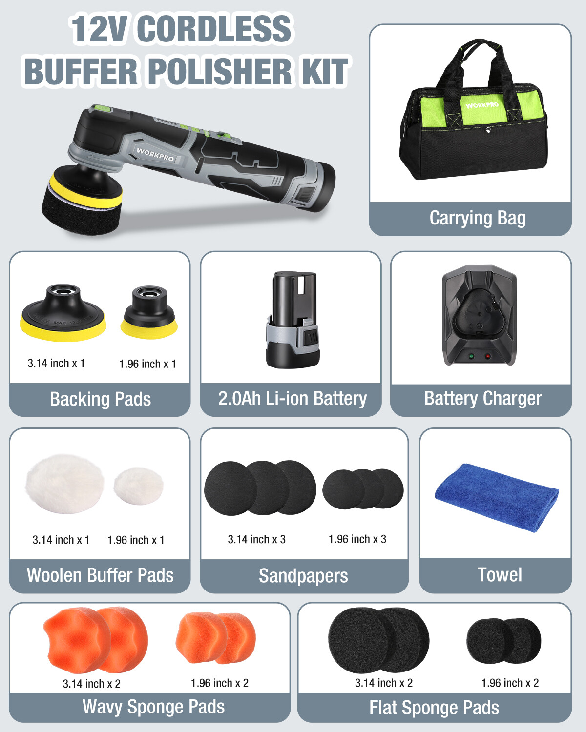 WORKPRO Cordless Mini Buffer Polisher 12V 5 Variable Speed Up to 3000RPM Battery