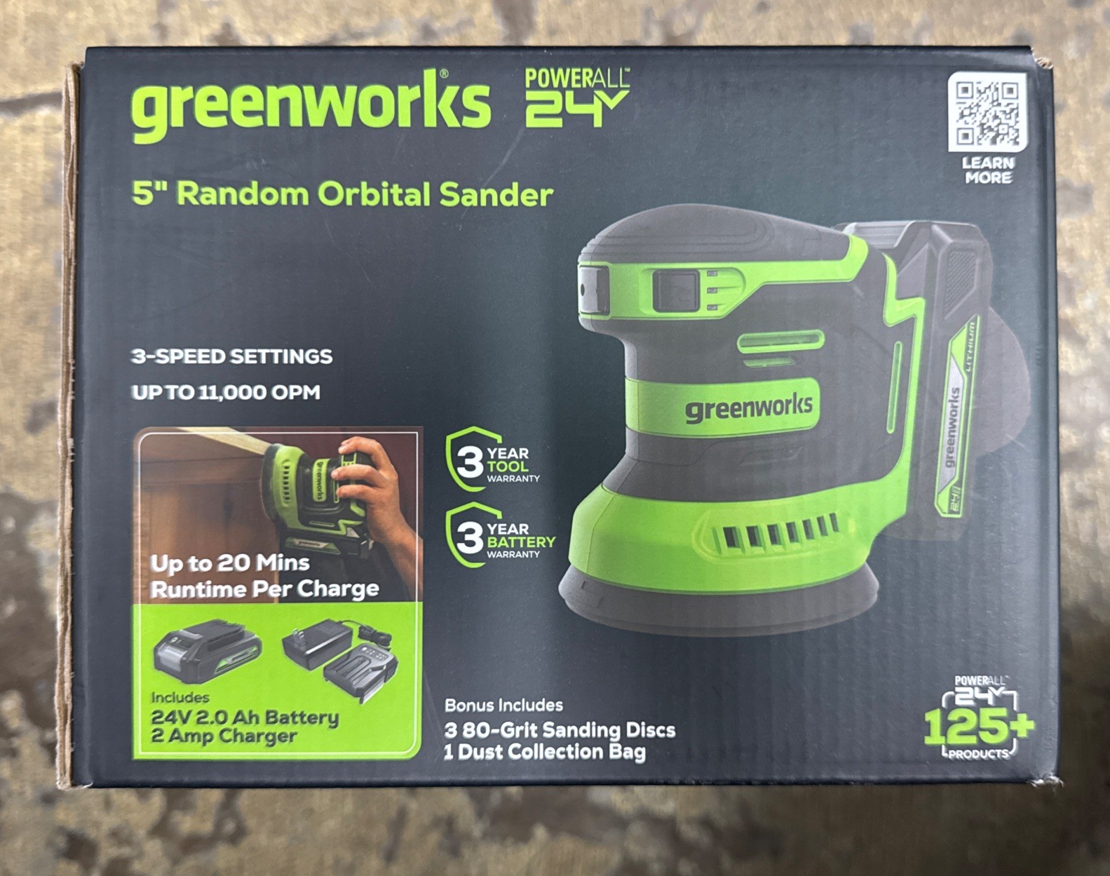 Greenworks 24V, 5&Prime; Orbital Random Sander Kit, 2Ah Battery and Charger Included