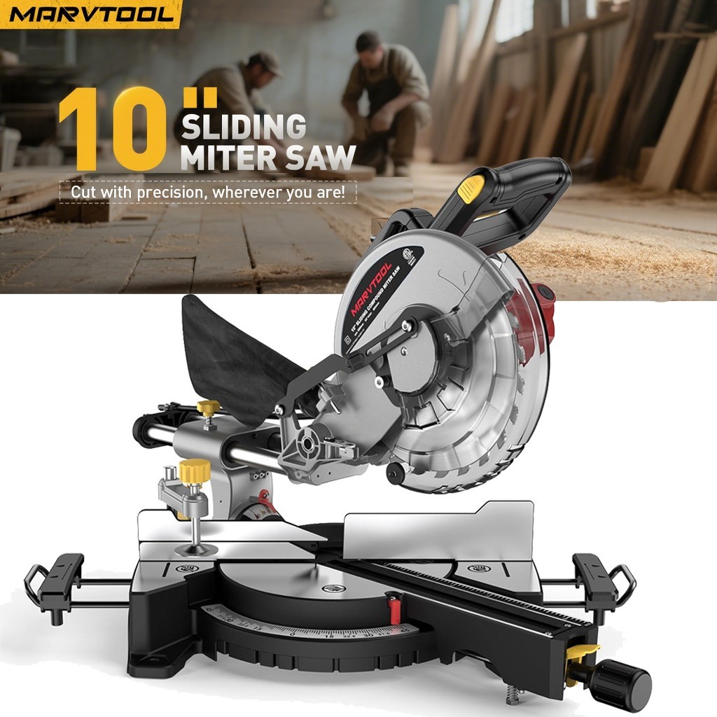 MarvTool Sliding Compound Miter Saw 10-Inch 15-Amp Single Bevel 0-45° 36T Blade