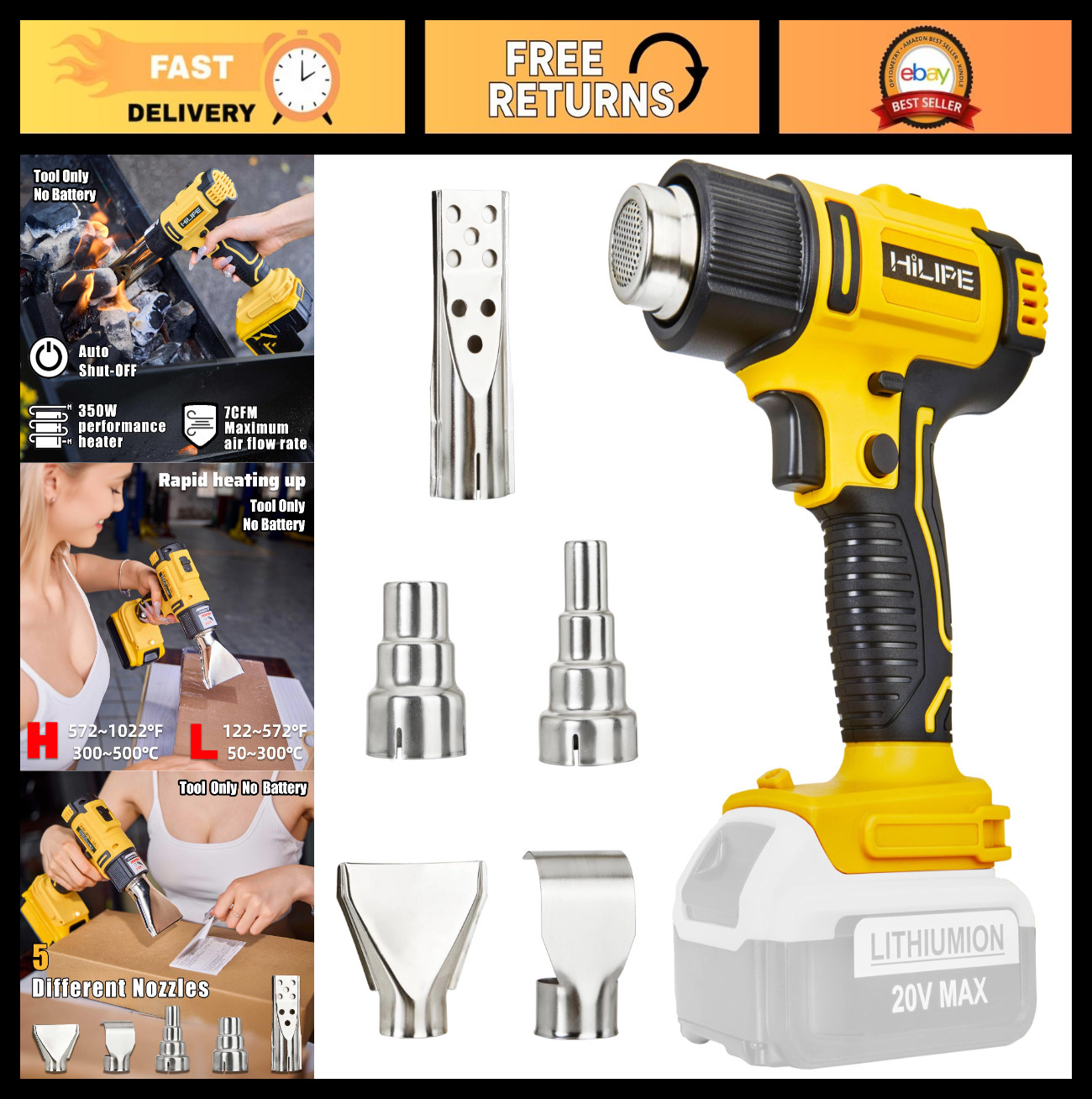 Cordless Heat Gun 20V Lithium, 5 Nozzle Attachments, 2 Temp Settings 1022°F, Hot