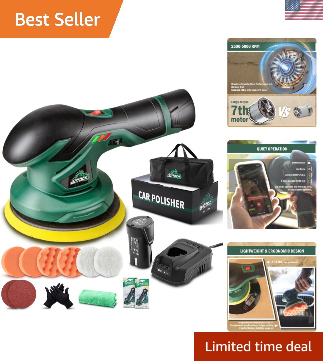 6 Speed Cordless Car Buffer – 2lbs Lightweight Lithium Battery Powered Tool
