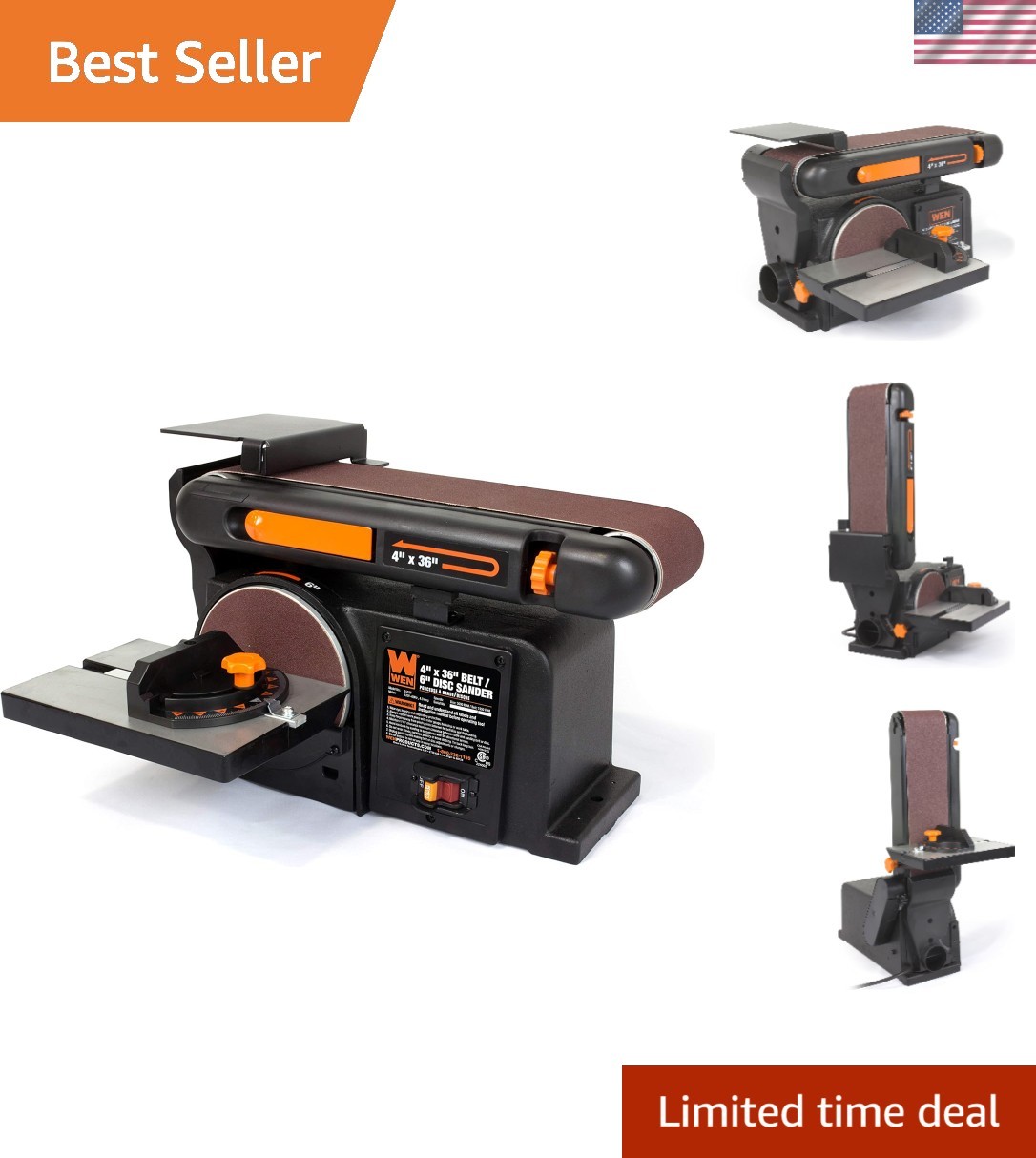 Benchtop Belt and Disc Sander, 4 x 36 in. Belt, 6 in. Disc, Cast Iron Base, 6…