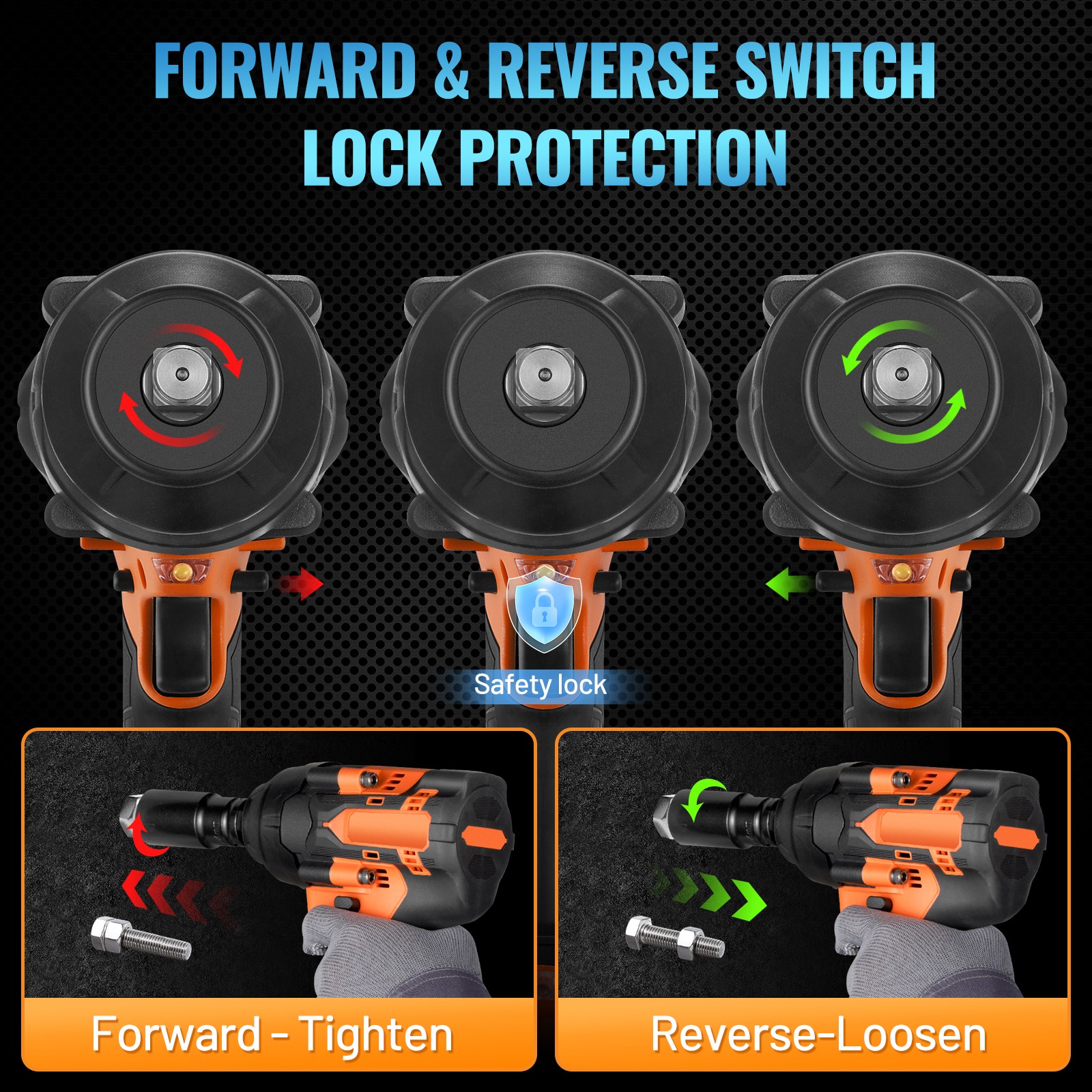 1200NM Impact Wrench 4 Forward 4 Reverse Gears No Gear Shifting Lever