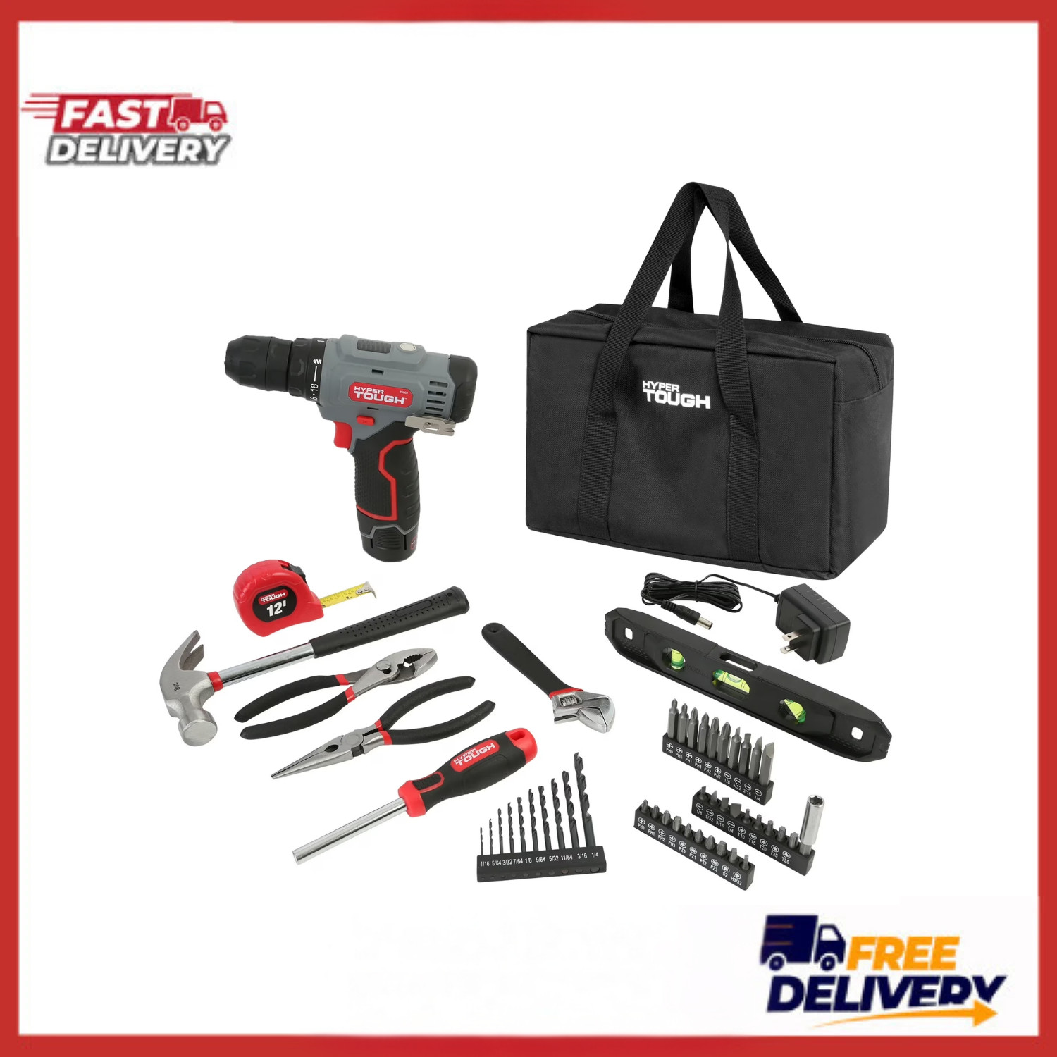 Hyper Tough 12V Drill Driver 50Pc Tool Kit Cordless Battery Charger Bag