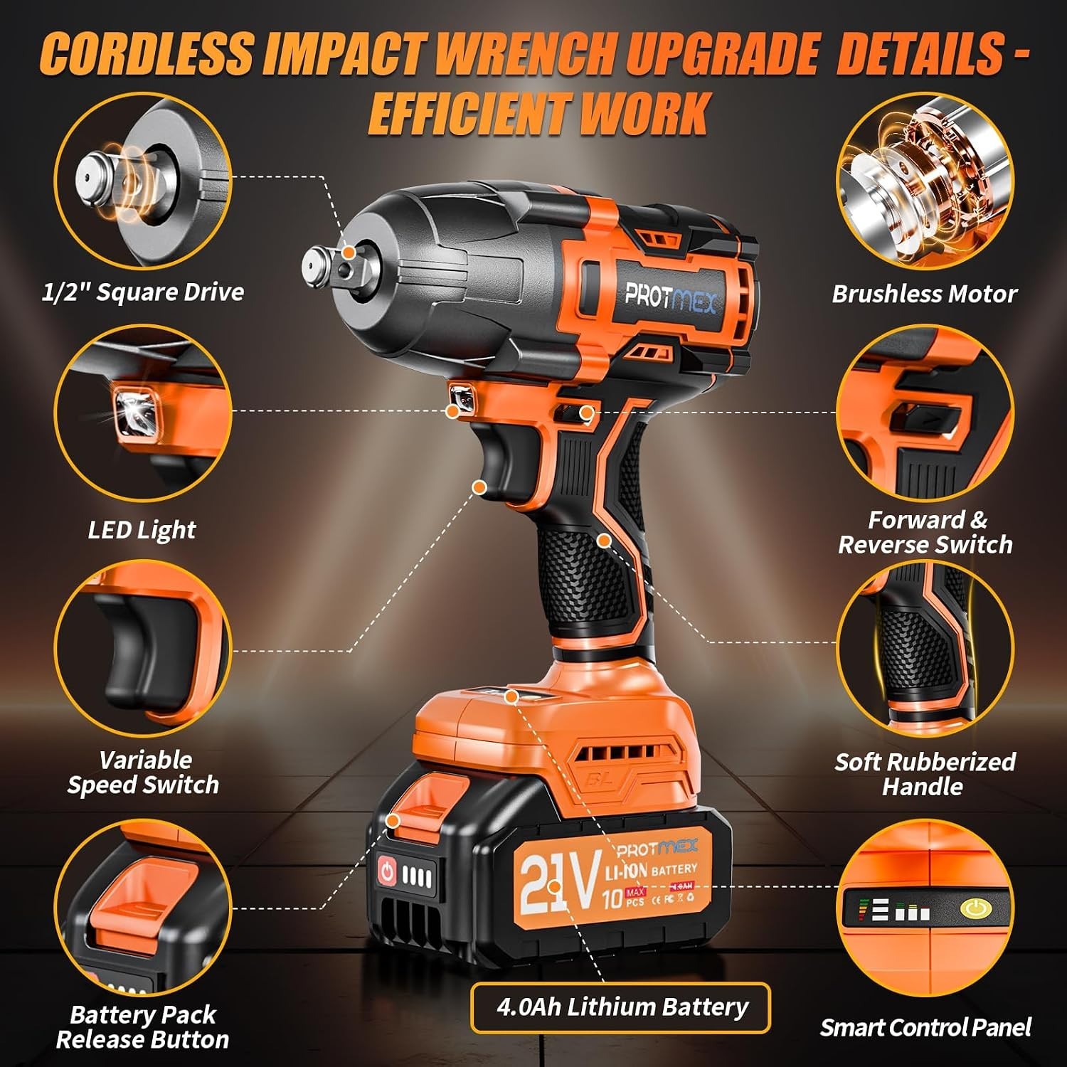 Cordless Impact Wrench 900Ft-lbs & 21V Brushless Motor with 2 Batteries