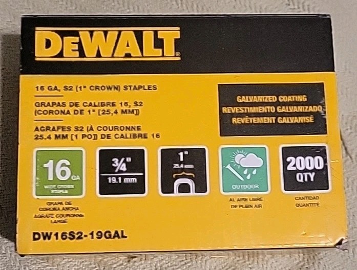 *2 Boxes Dewalt DW16S2-19GAL Crown Staple 1&Prime; in Crown 3/4&Prime; 2000 QTY 16GA Outdoor