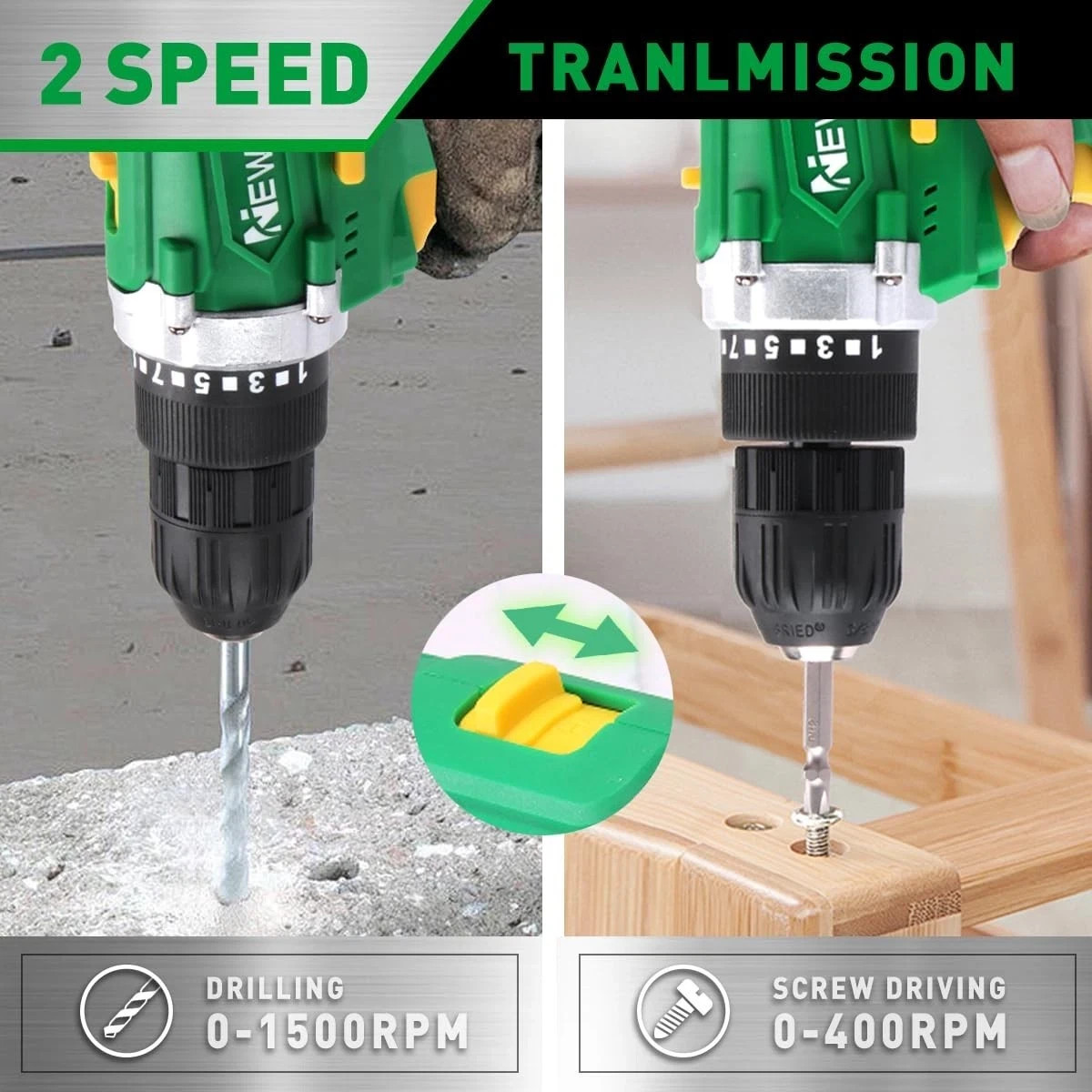 21V Electric Drill Driver 2x 1500mAh Battery 3/8 Keyless Chuck 2-Speed