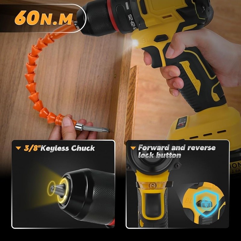 Cordless Drill Driver 20V Brushless 25 1 Torque 2 Speed 60N.M 3/8 Chuck New