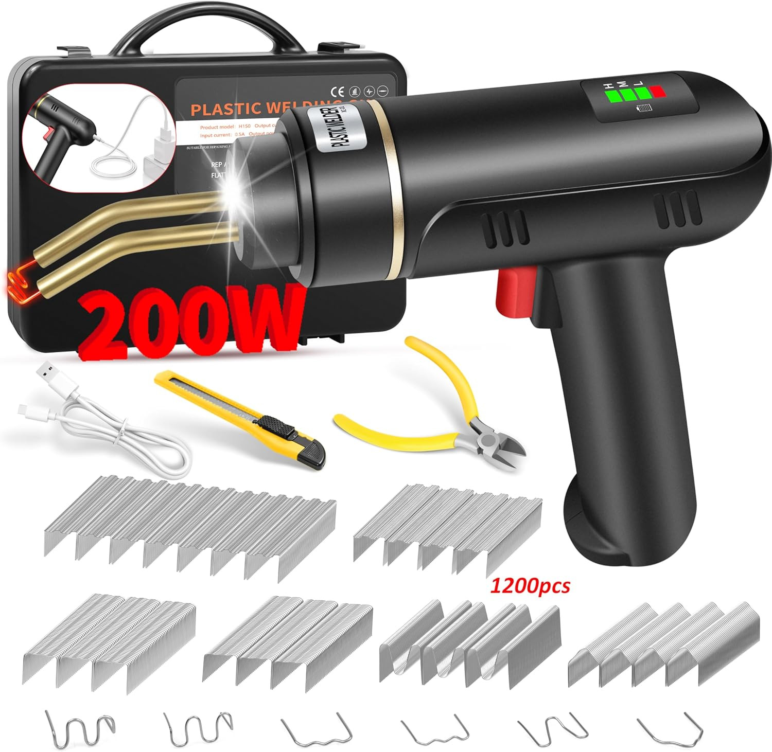 200W Cordless Plastic Welder, Plastic Welding Kit with 1200PCS Hot Stapler, USB