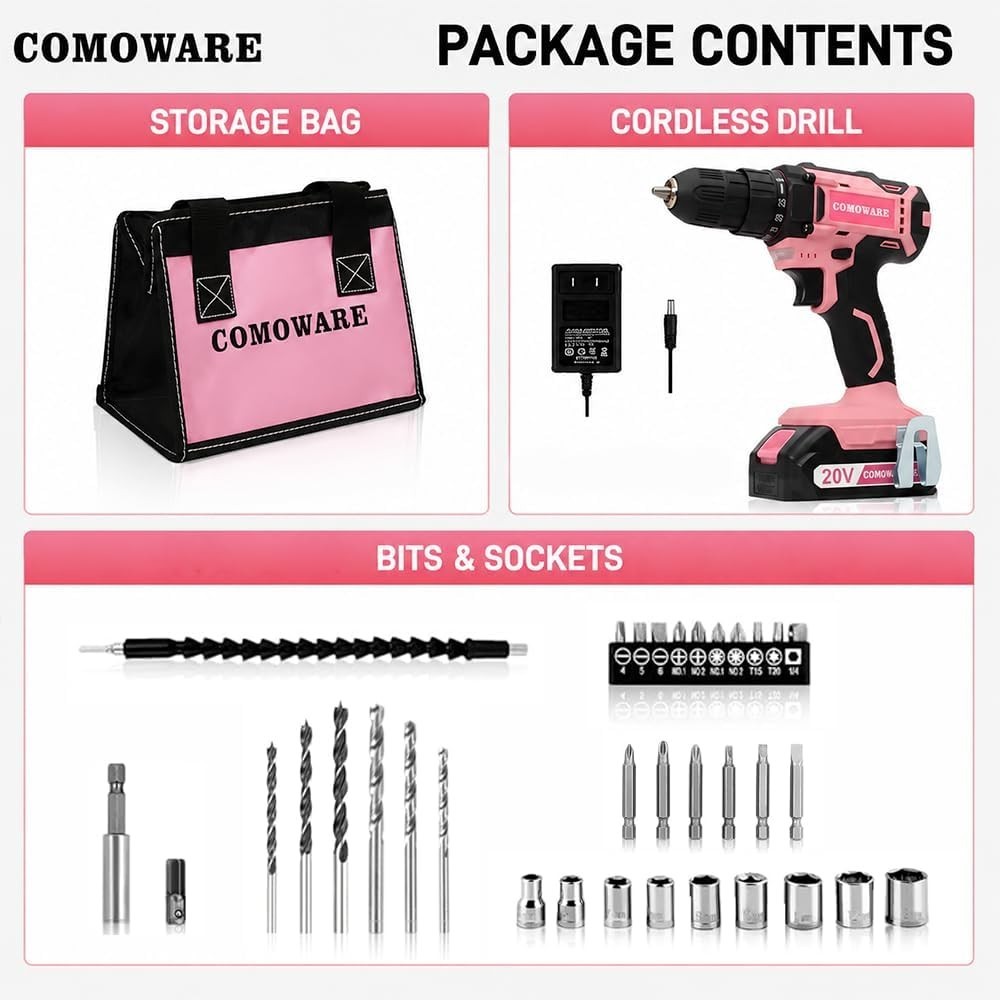 Women&rsquo;s Pink Drill Set, 20V with 2 Speeds & 266 In-lb Torque