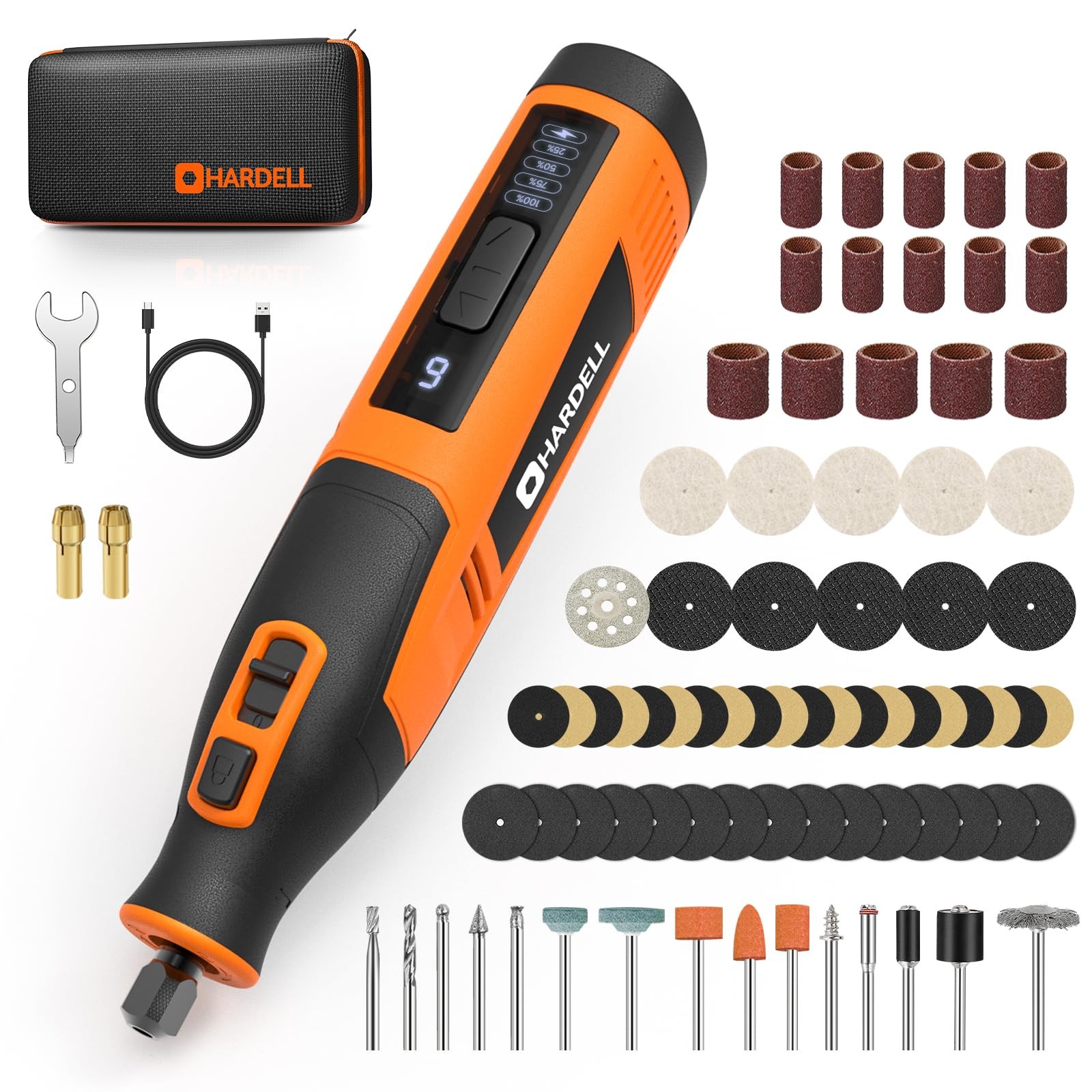 HARDELL DM22410ORAHD-1 4V Cordless Rotary Tool Kit 80Pcs 4000mAh 6 Speeds Orange