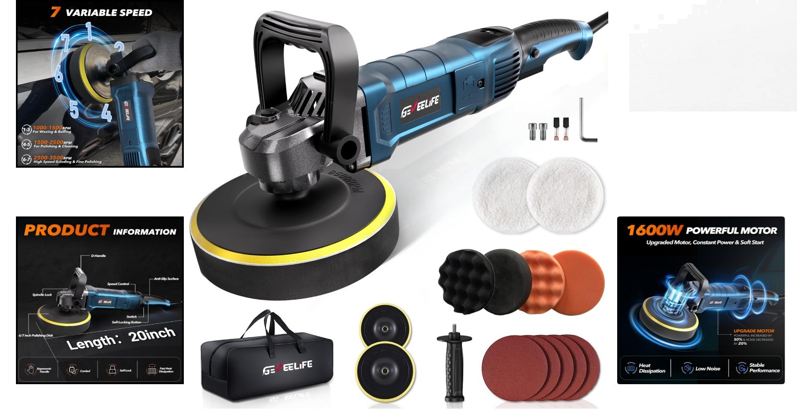 Lightweight & Ergonomic 6/7 Inch Buffer Polisher – 1600W with Safety Features