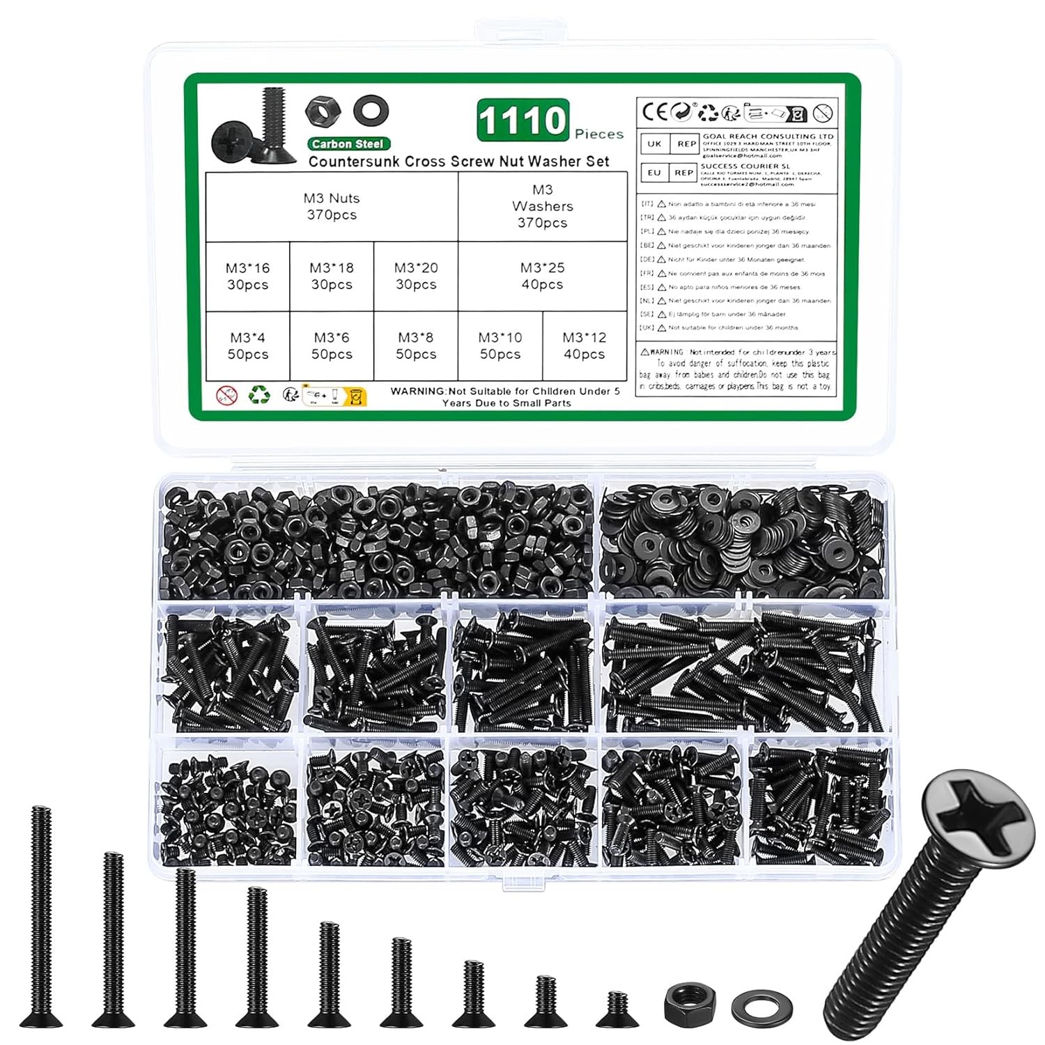 1110 Pcs M3 Screws and Nuts Set, Countersunk Bolts M3-1110, Black