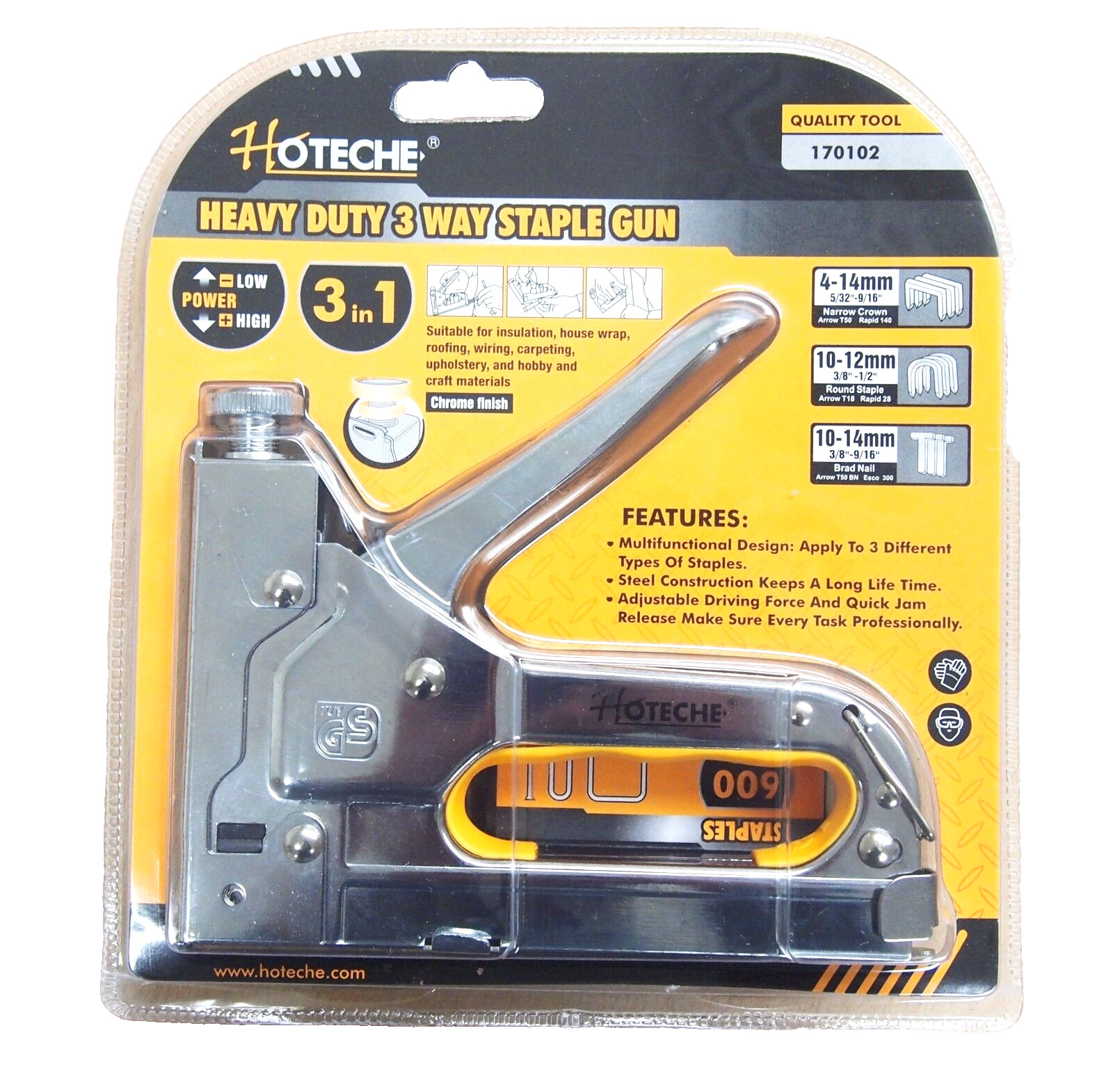 Heavy Duty 3 in 1 Hand Staple Gun Tacker Chromed with 600 Staples 170102