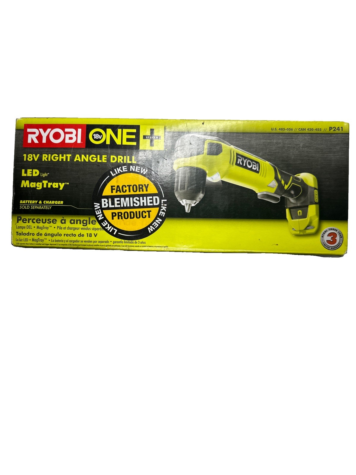 Ryobi 18V Cordless Right Angle Drill P241 Ships Free