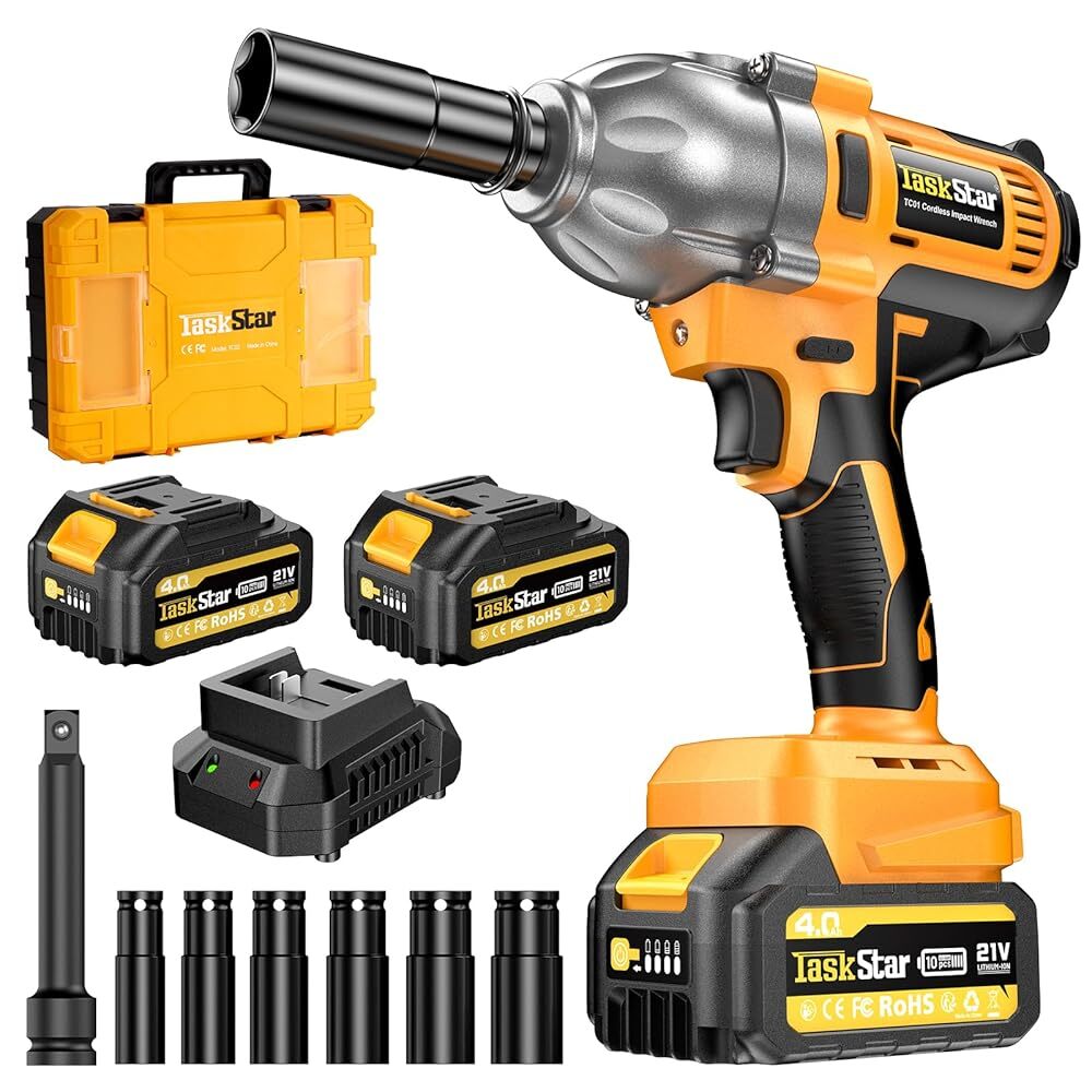 TaskStar 1200Nm 1/2&Prime; Cordless Impact Wrench 886FT-Lb 2x Battery Electric Wrench