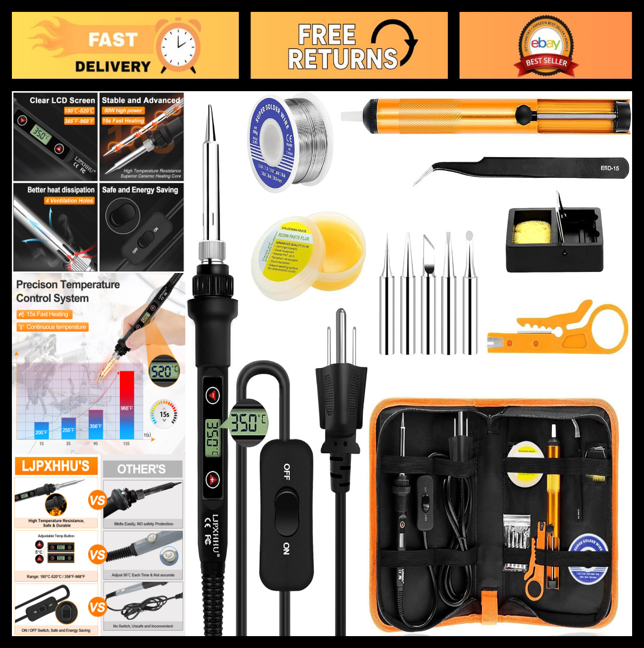 80W Adjustable Temperature Soldering Iron Kit 13-in-1 Welding Tools Set, LCD Dis