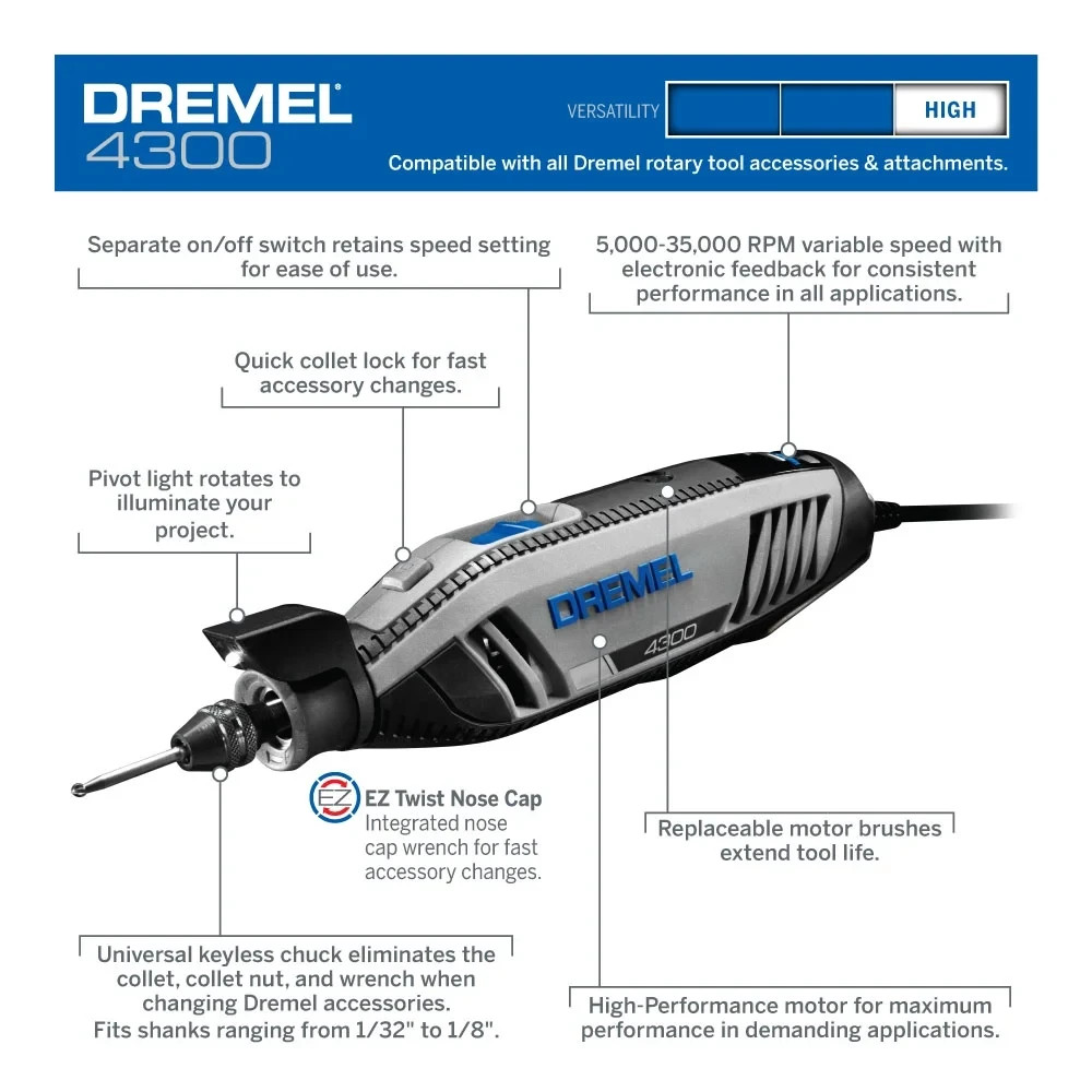 Dremel 4300-9/64 Platinum Edition Corded Rotary Tool, Variable Speed with 9 Drem