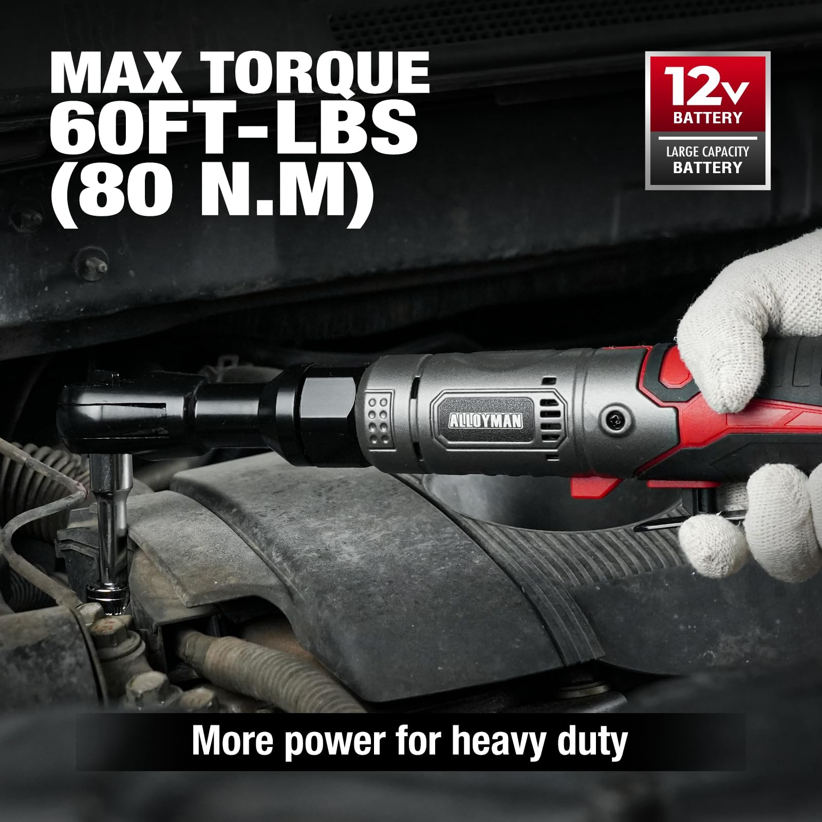 3/8&Prime; Cordless Ratchet Wrench, 60 FT-LBS(80N.M), 12V Extended Reach