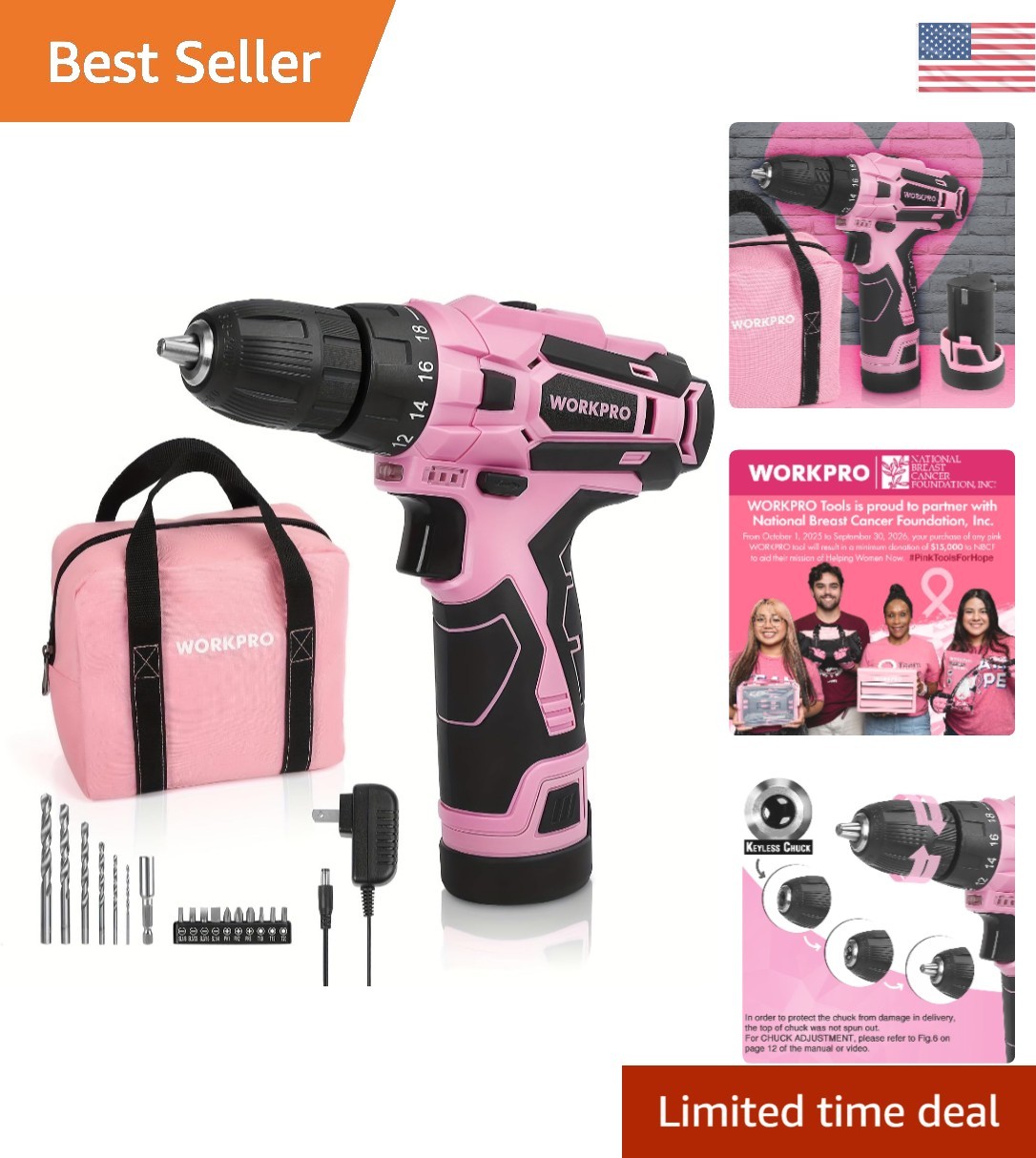 Stylish Pink 12V Cordless Drill with Variable Speed & LED Light – Compact Design