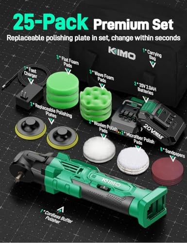 KIMO 20V Cordless Car Buffer 4 INCH w/ 2 Batteries-25 Accessories Green