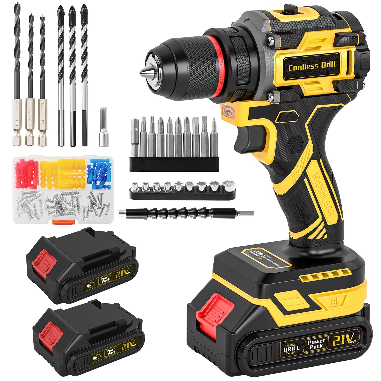 Cordless Drill, 21V Brushless Power Drill with Dual 2.0Ah Power Pack and Char…
