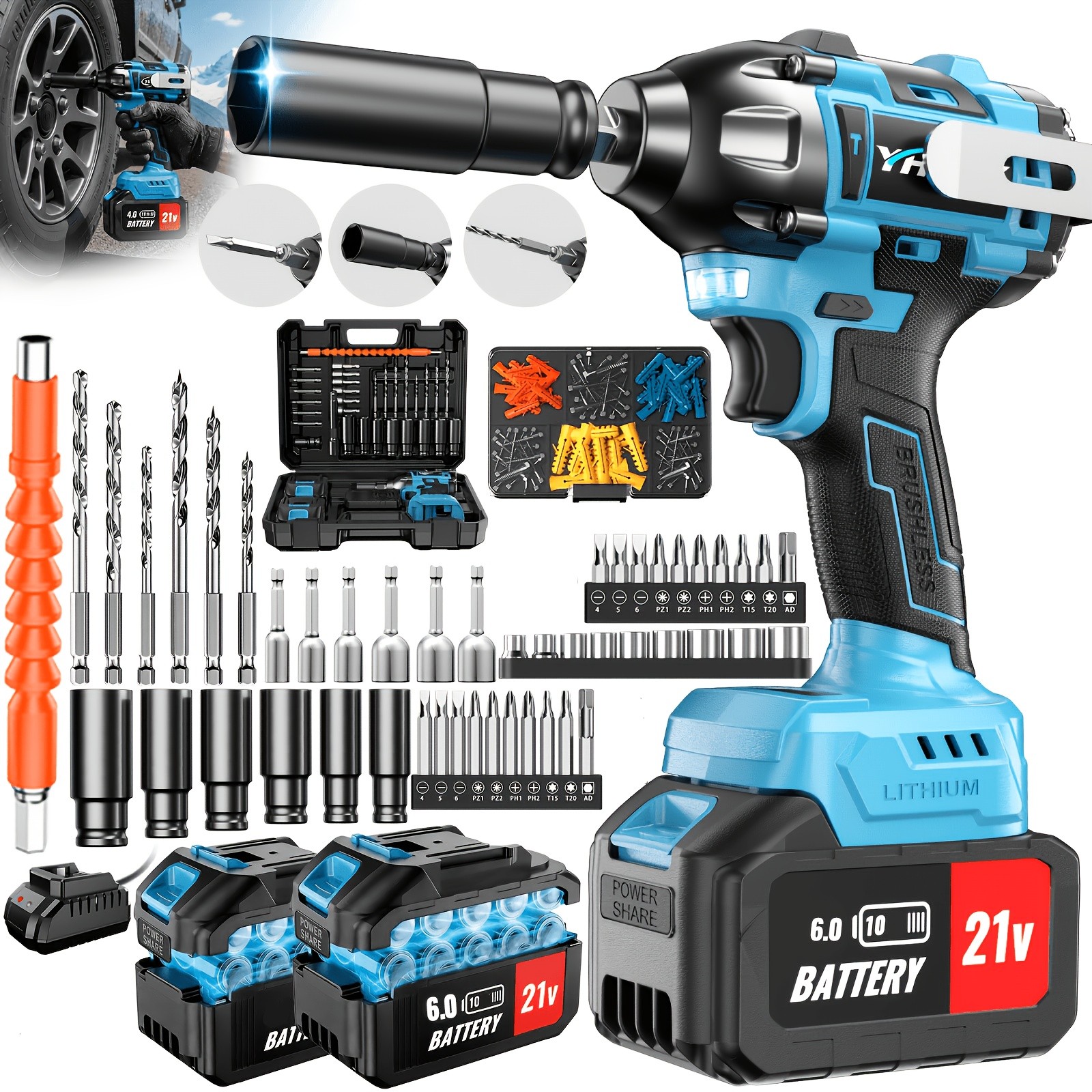 21V Brushless Cordless Impact Wrench, 590ft High Torque