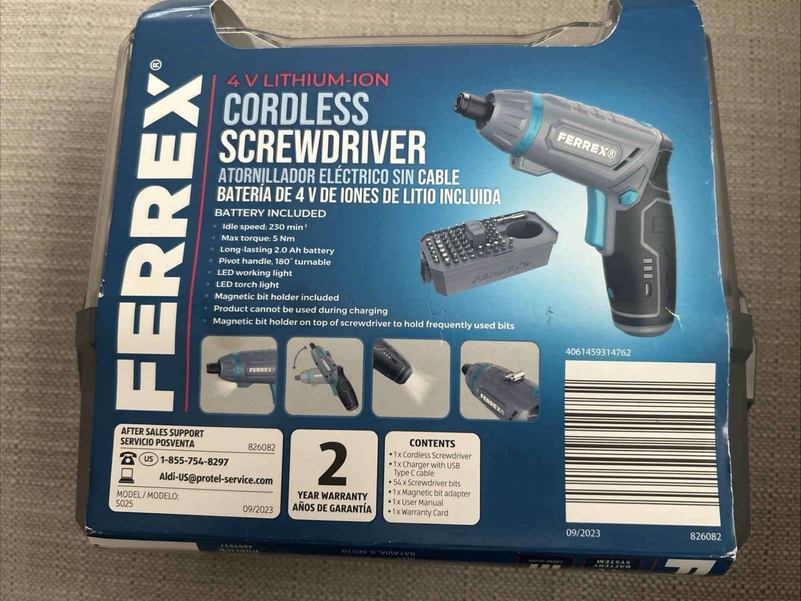 New in Box FERREX Cordless Screwdriver & Case 4.0V Lithium-Ion 54 Bits Included