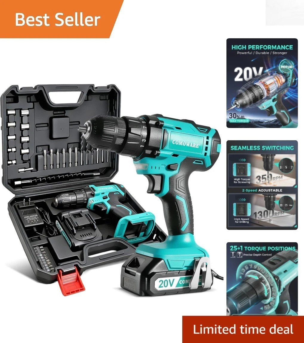 Complete Electric Drill Kit: 20V, 2 Speeds, LED Light, 34 Accessories Included