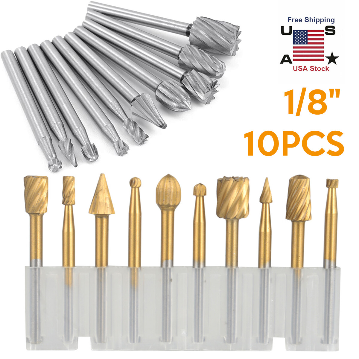 10PCS 1/8&Prime; Tungsten Carbide Cutting Carving Rotary Burr Bit Set for Dremel Tool