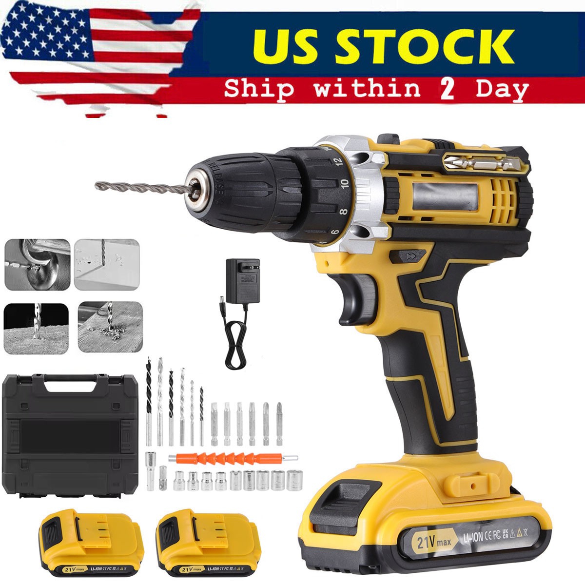 21V Electric Drill Cordless Fast Screwdriver Set Power Tool W/6000mah Battery US