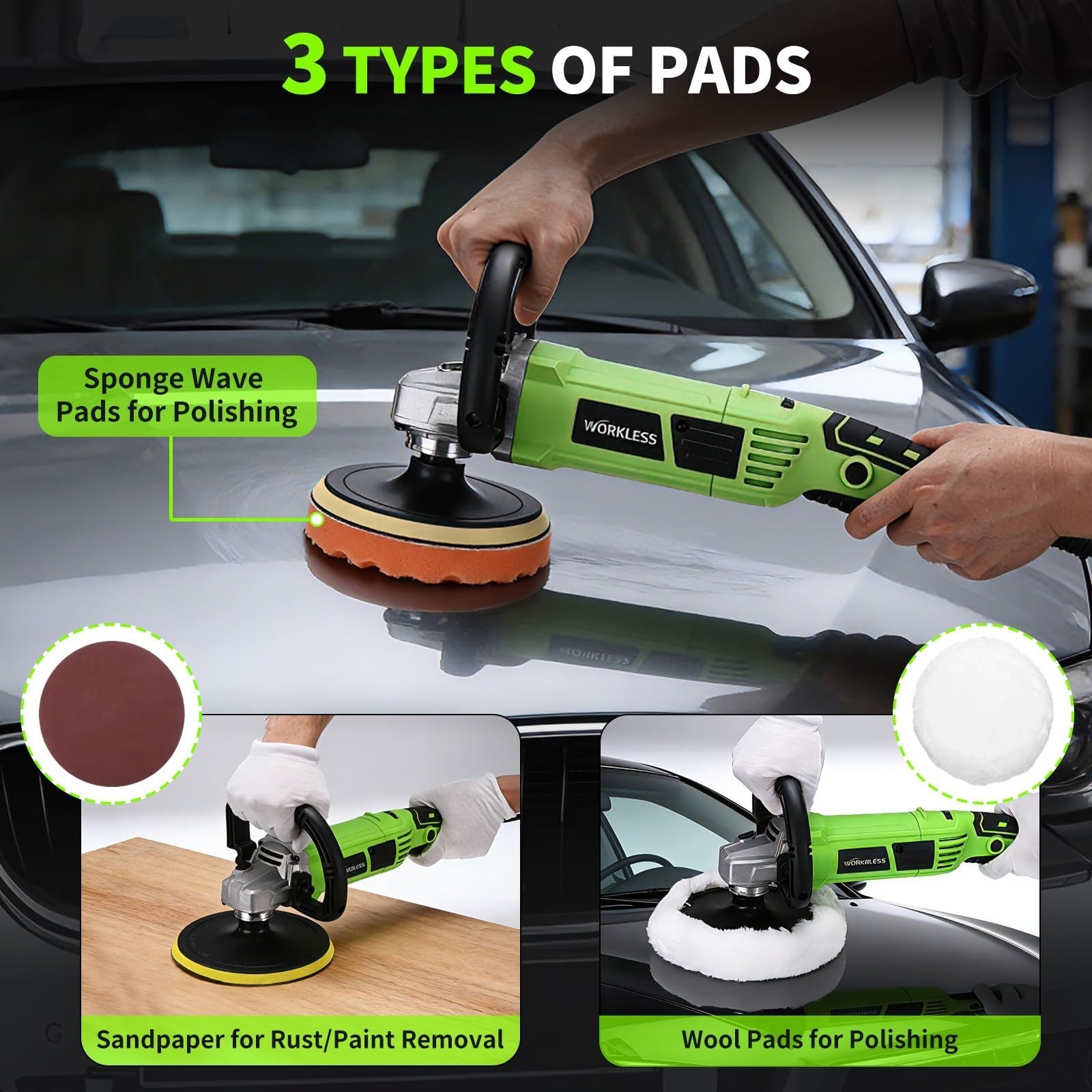 WorkBless 1600W Rotary Buffer Polisher 6/7 Inch with 7 Speed Settings
