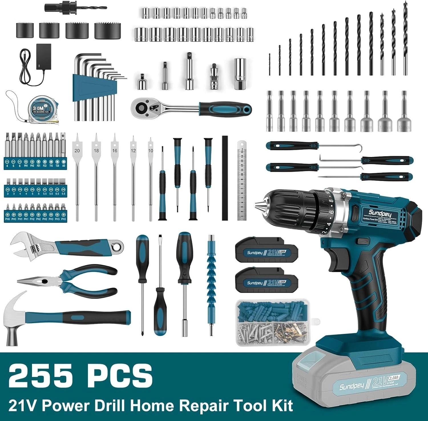 21V Cordless Drill & 255-Piece Complete Tool Set for Home & Auto Repairs