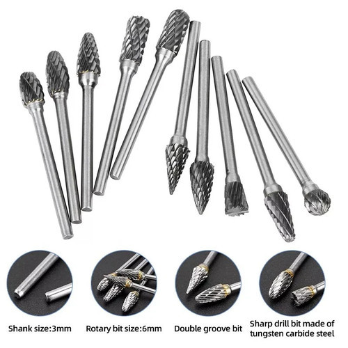 10PCS Rotary Burrs Tungsten Carbide Metal Steel Burr Drill Bits for Dremel Tool